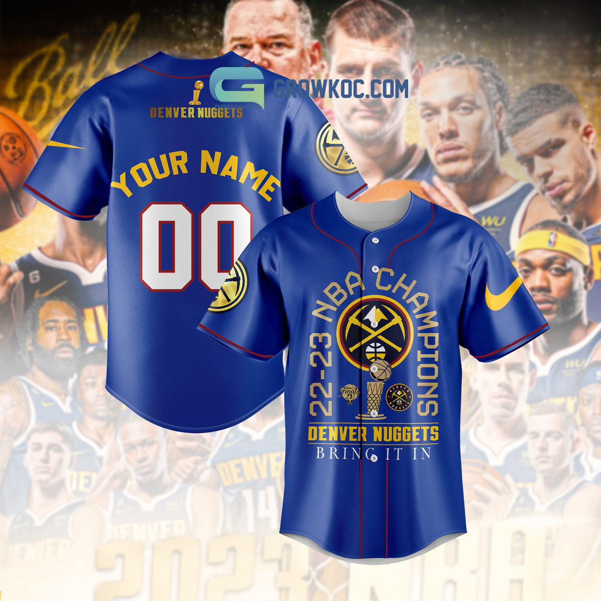 2023 NBA Champions Bring It In Denver Nuggets Personalized Blue Design Baseball Jersey baseball jersey product view 1