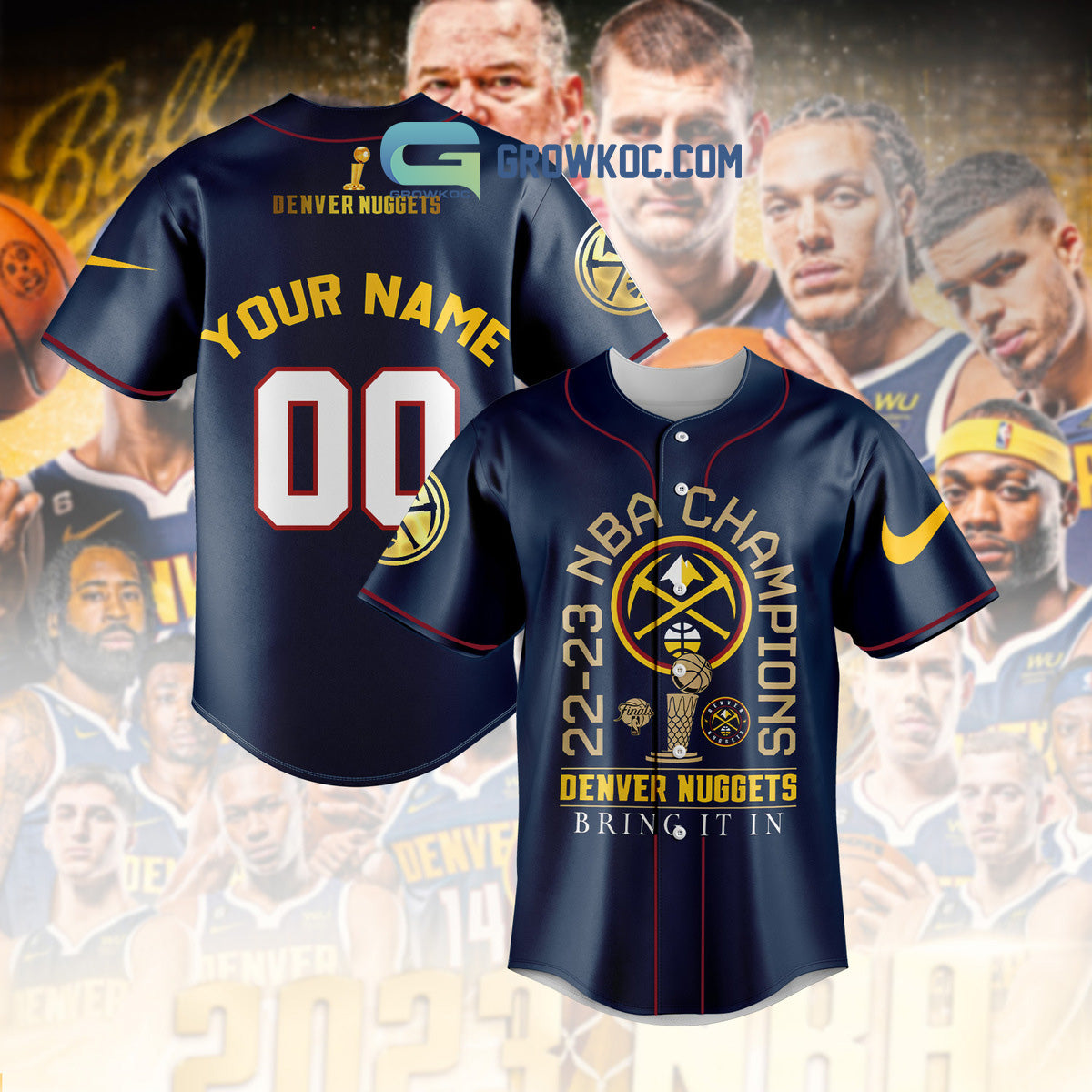 2023 NBA Champions Bring It In Denver Nuggets Personalized Navy Design Baseball Jersey baseball jersey product view 1