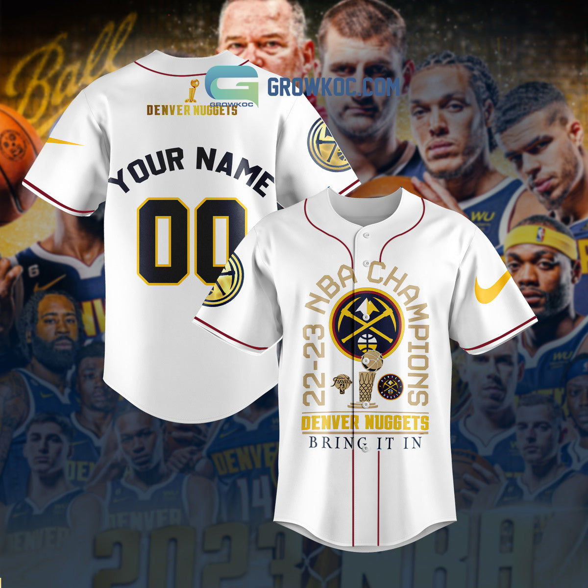 2023 NBA Champions Bring It In Denver Nuggets Personalized White Design Baseball Jersey baseball jersey product view 1