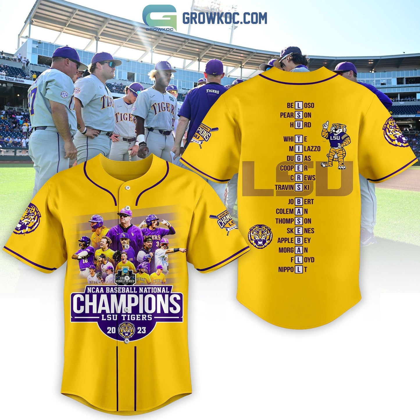 2023 NCAA Baseball National Champions Geaux Tigers LSU Baseball Jersey baseball jersey product view 1