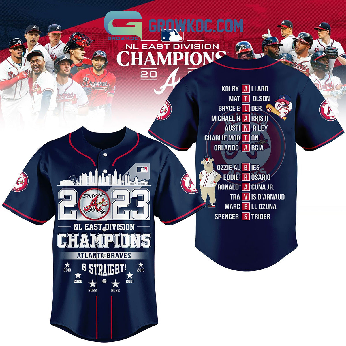 2023 NL East Division Champions Atlanta Braves 6 Straight Baseball Jersey baseball jersey product view 1