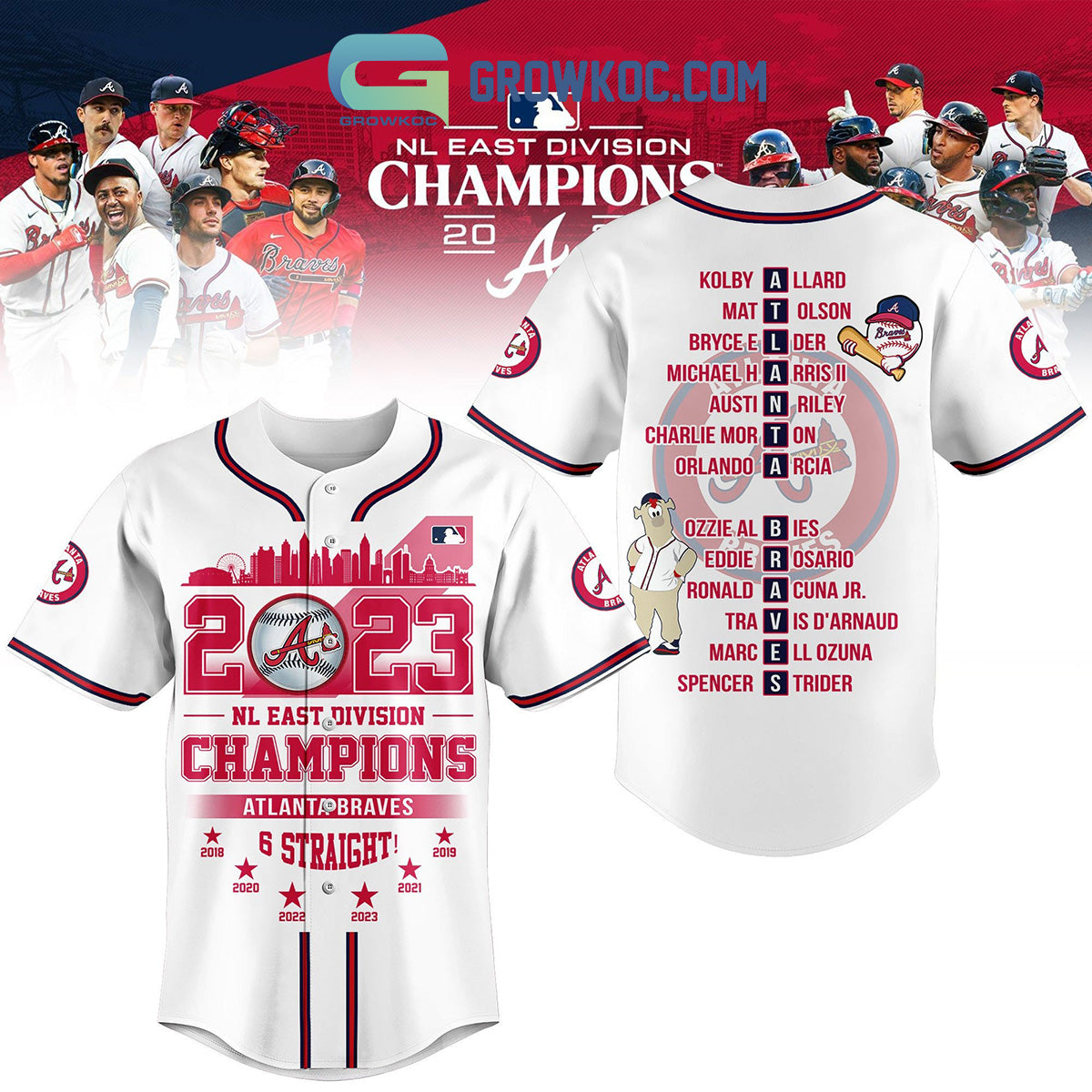 2023 NL East Division Champions Atlanta Braves 6 Straight Baseball Jersey baseball jersey product view 2