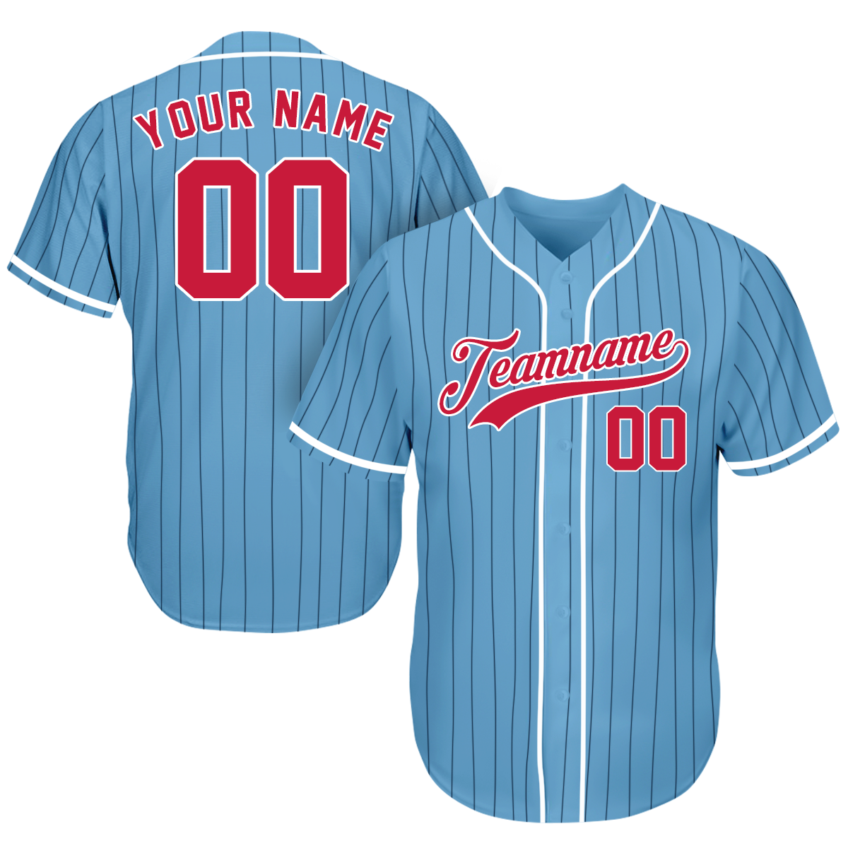 Customized Baseball Jerseys - Baseball Fan Gifts - Pinstripe Light Blue Red - Baseball Fathers Day Gifts baseball jersey product view 1