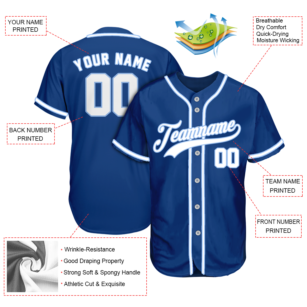 Custom Blue White Baseball Jersey baseball jersey product view 2