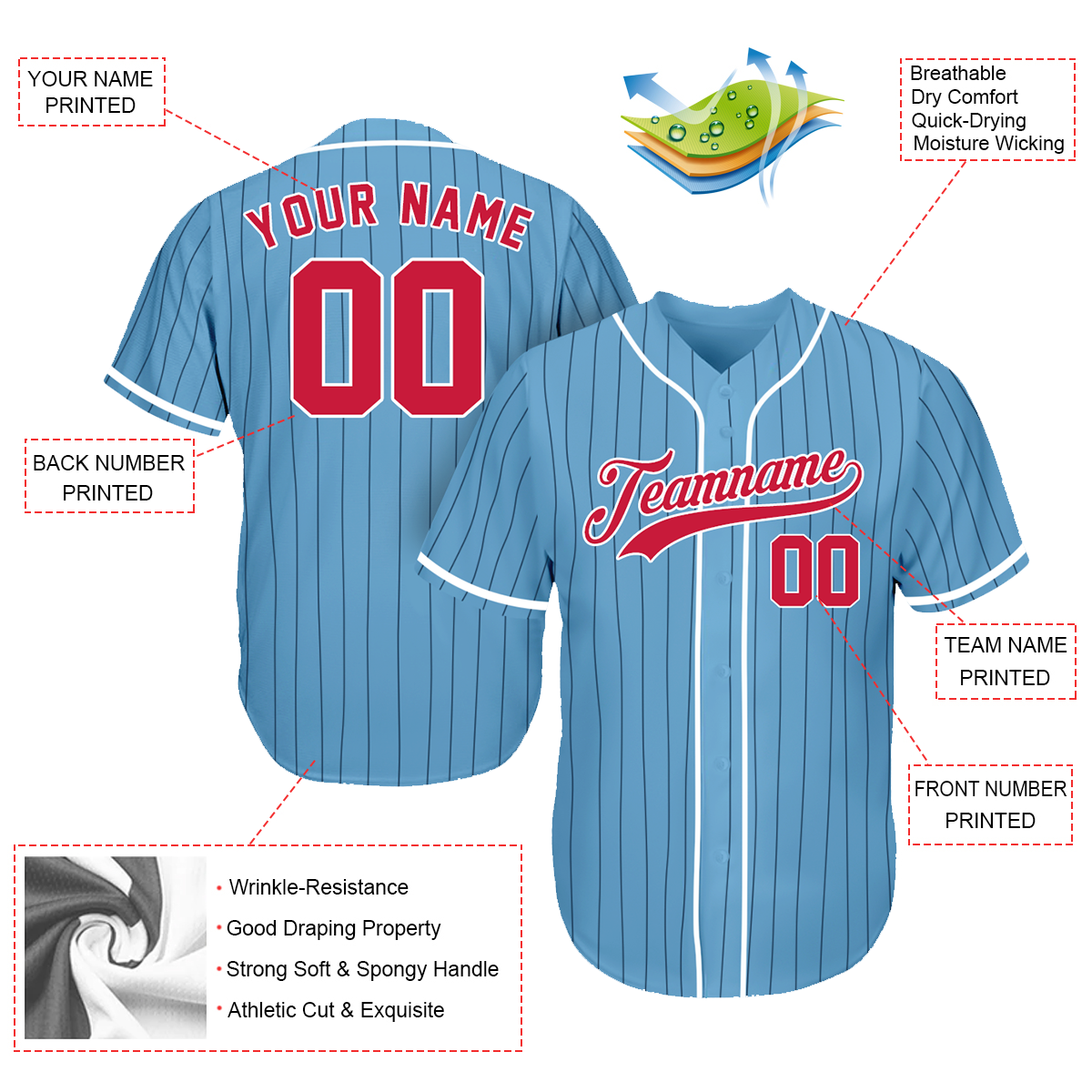 Customized Baseball Jerseys - Baseball Fan Gifts - Pinstripe Light Blue Red - Baseball Fathers Day Gifts baseball jersey product view 2