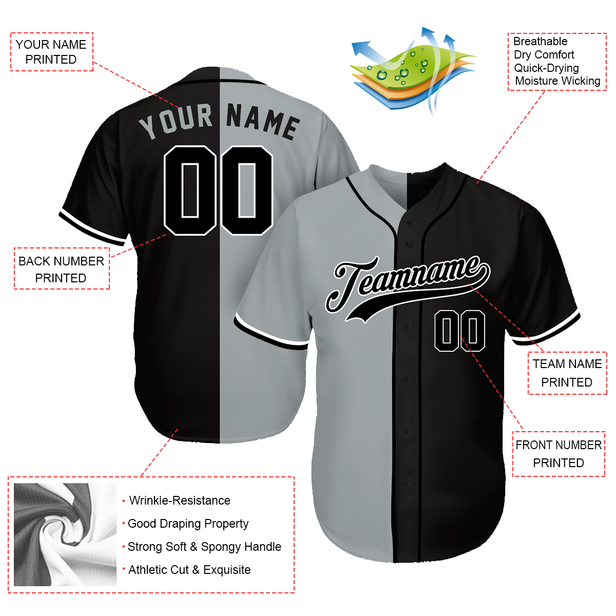 Custom Team Baseball Jerseys - Great Gifts For Baseball Fans - Split Gray Black - Personalized Baseball Father's Day Gifts baseball jersey product view 2