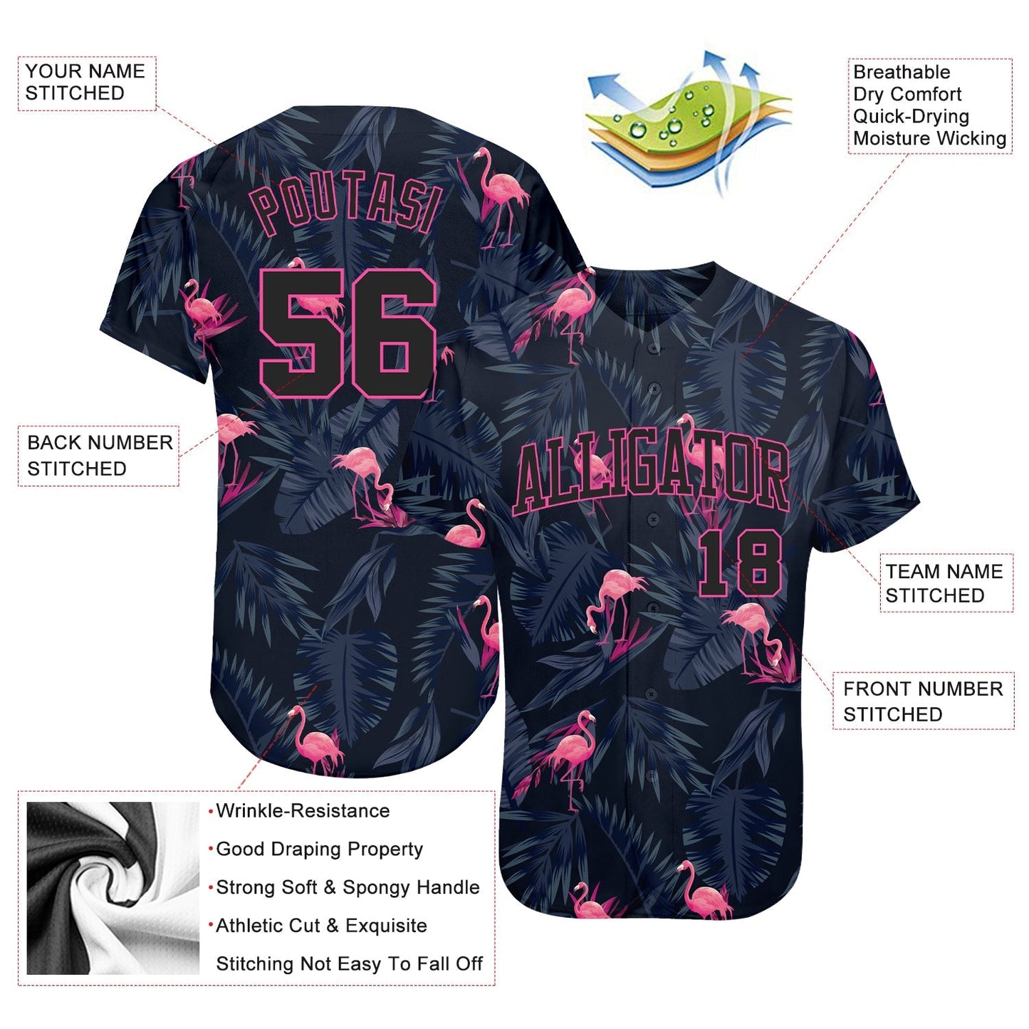 Custom 3D Pattern Design Hawaii Flamingo Authentic Baseball Jersey baseball jersey product view 4