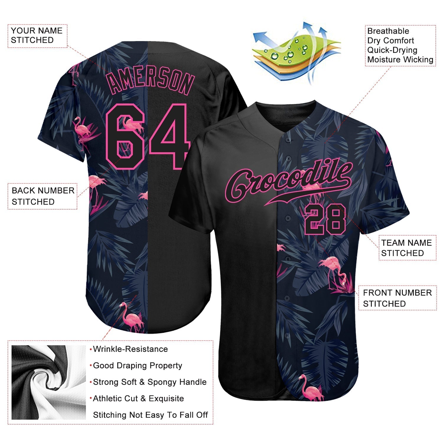 Custom 3D Pattern Design Flamingo Authentic Baseball Jersey baseball jersey product view 3