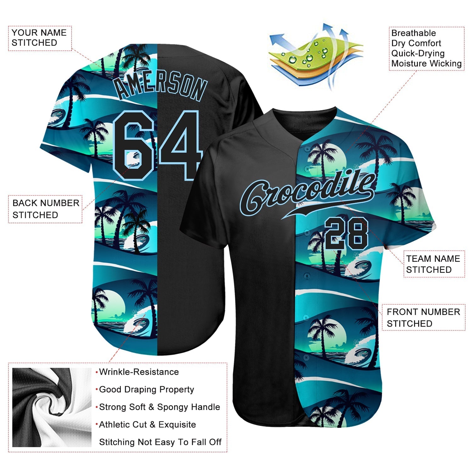 Custom 3D Pattern Design Tropical Hibiscus And Palm Trees Authentic Baseball Jersey baseball jersey product view 3