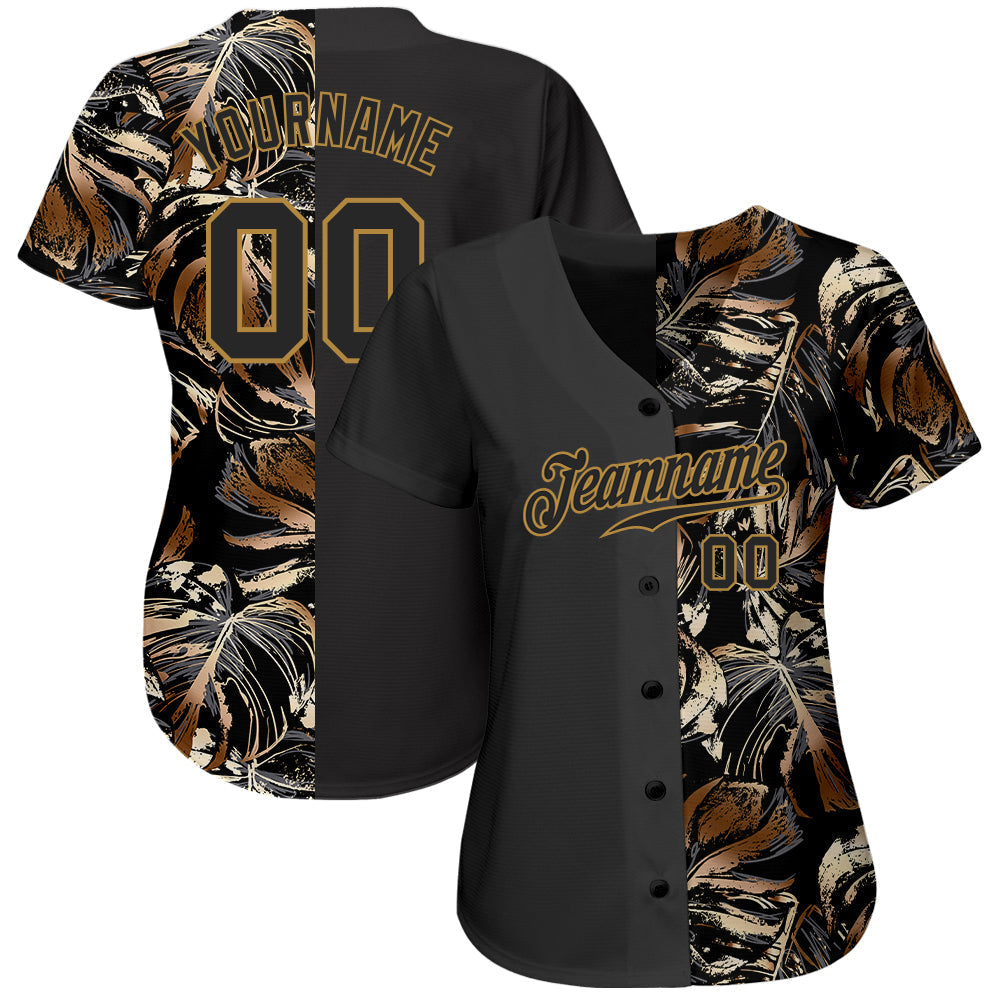 Custom 3D Pattern Design Golden Tropical Leaves In The Style Of Jungle And Hawaii Authentic Baseball Jersey baseball jersey product view 2
