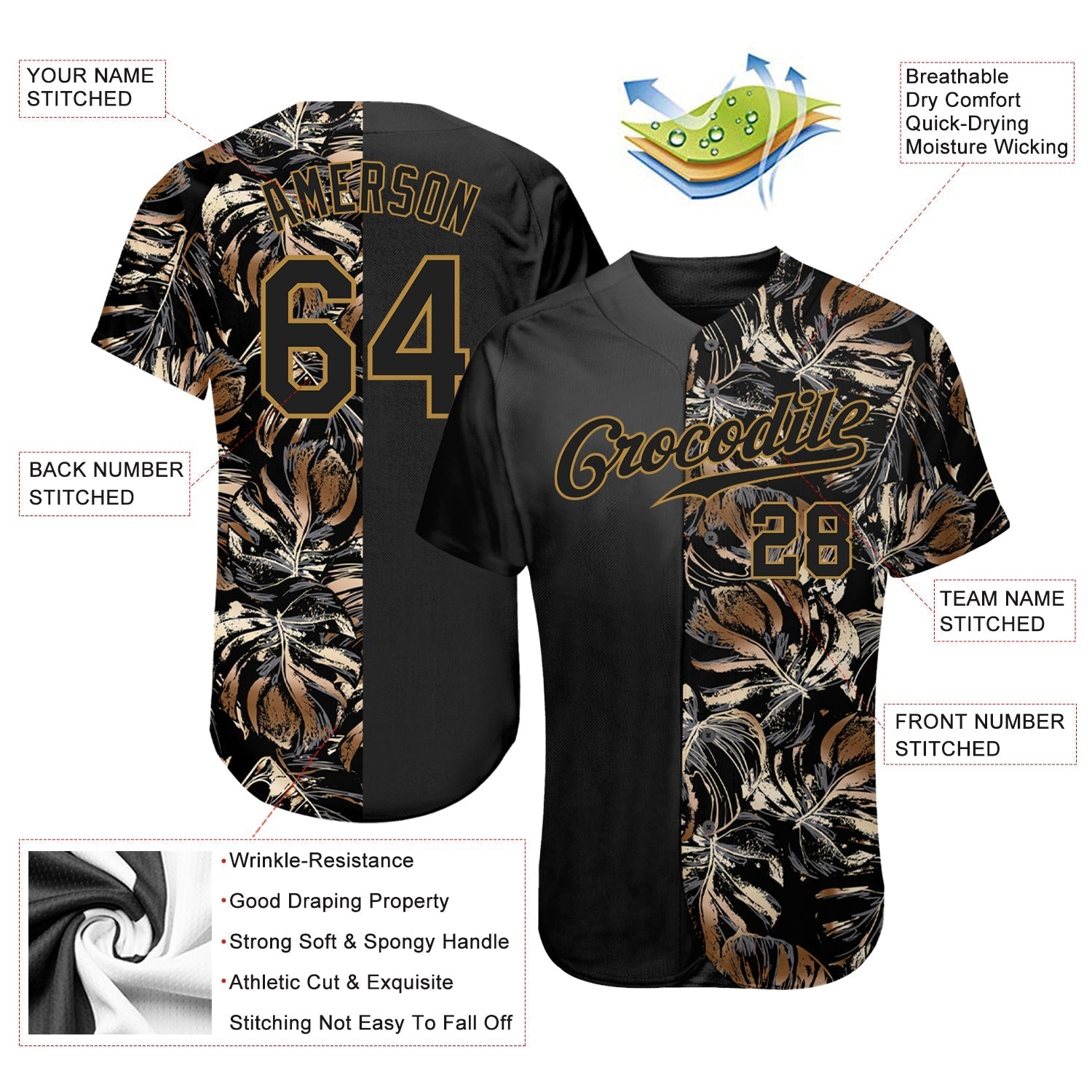 Custom 3D Pattern Design Golden Tropical Leaves In The Style Of Jungle And Hawaii Authentic Baseball Jersey baseball jersey product view 3