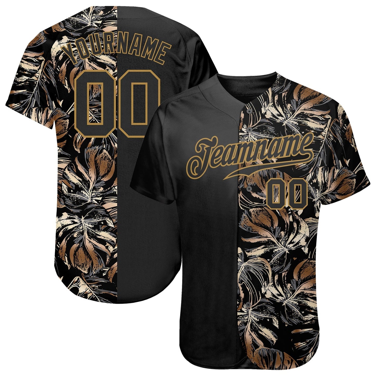 Custom 3D Pattern Design Golden Tropical Leaves In The Style Of Jungle And Hawaii Authentic Baseball Jersey baseball jersey product view 1