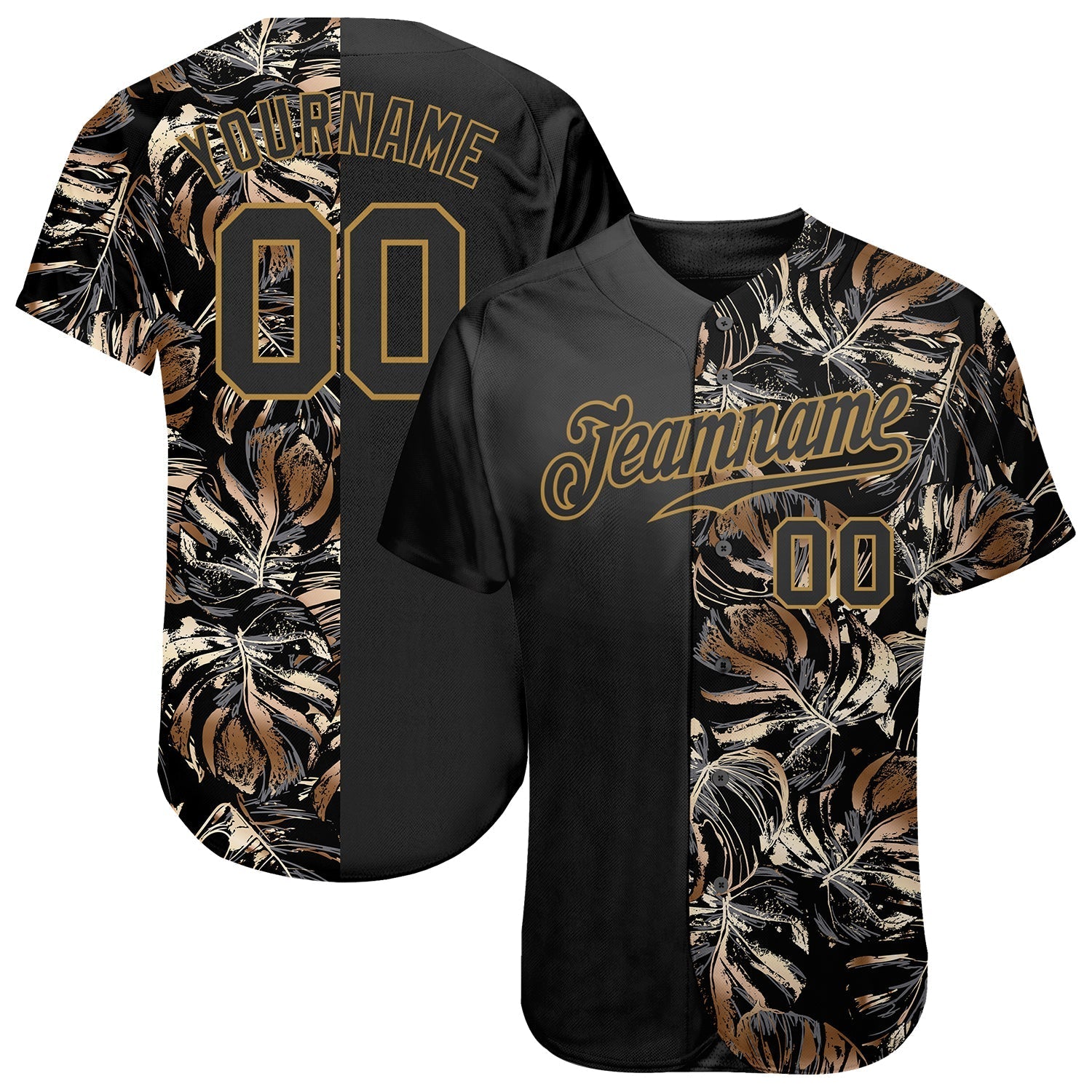 Custom 3D Pattern Design Golden Tropical Leaves In The Style Of Jungle And Hawaii Authentic Baseball Jersey baseball jersey product view 1