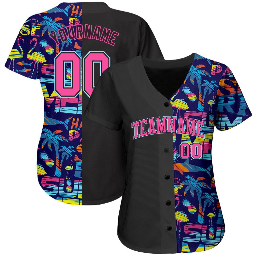 Custom 3D Pattern Design Abstract Geometric Pattern With Palm Trees Sharks Flamingo With The Words:Summer Hawaii Authentic Baseball Jersey baseball jersey product view 2