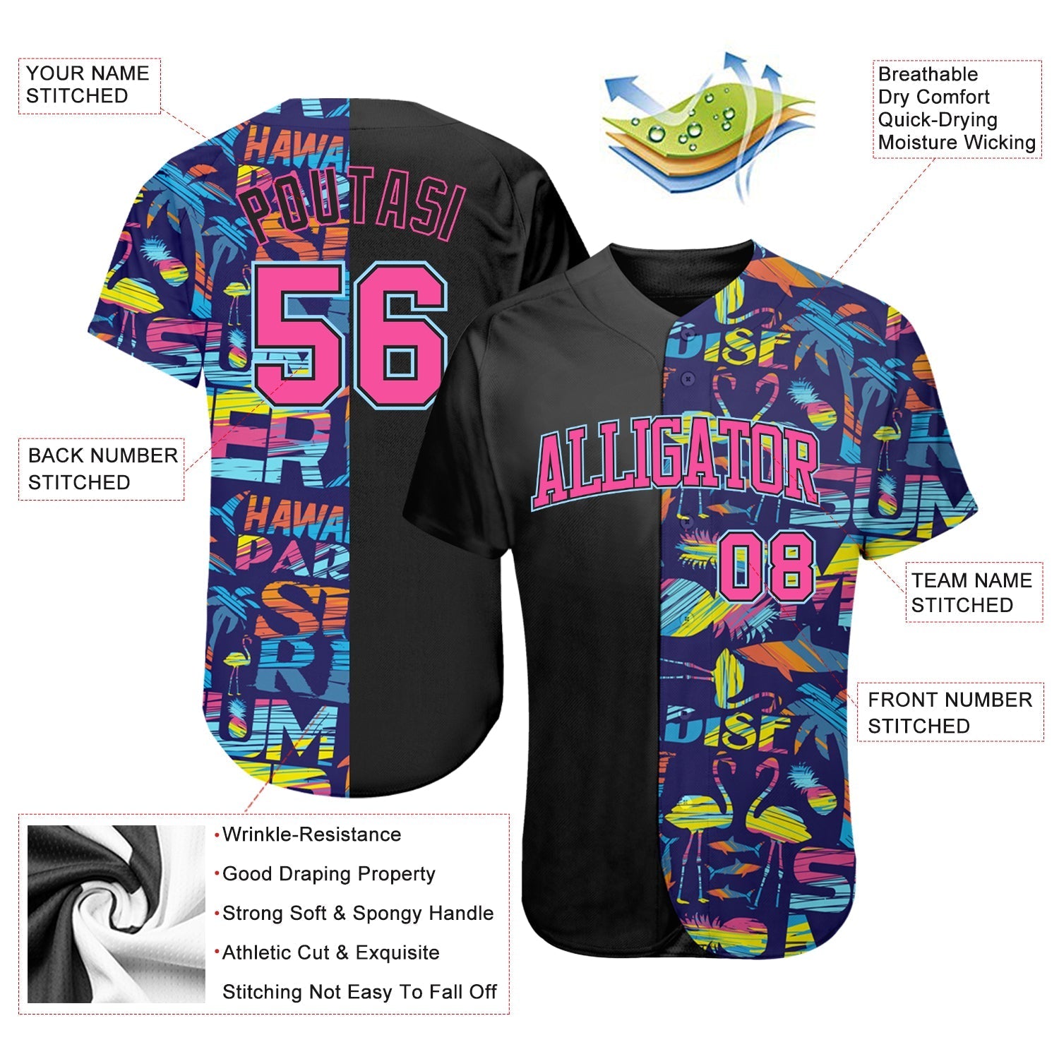 Custom 3D Pattern Design Abstract Geometric Pattern With Palm Trees Sharks Flamingo With The Words:Summer Hawaii Authentic Baseball Jersey baseball jersey product view 3