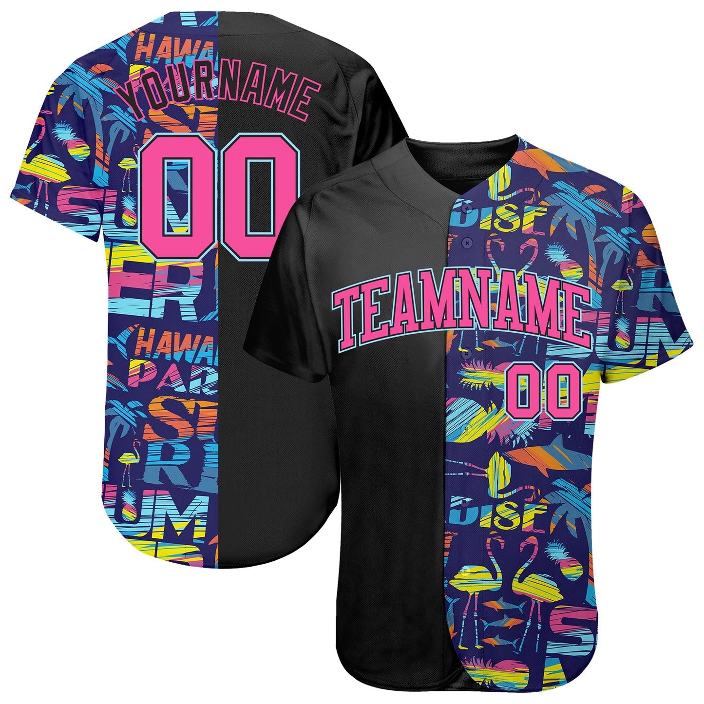 Custom 3D Pattern Design Abstract Geometric Pattern With Palm Trees Sharks Flamingo With The Words:Summer Hawaii Authentic Baseball Jersey baseball jersey product view 1