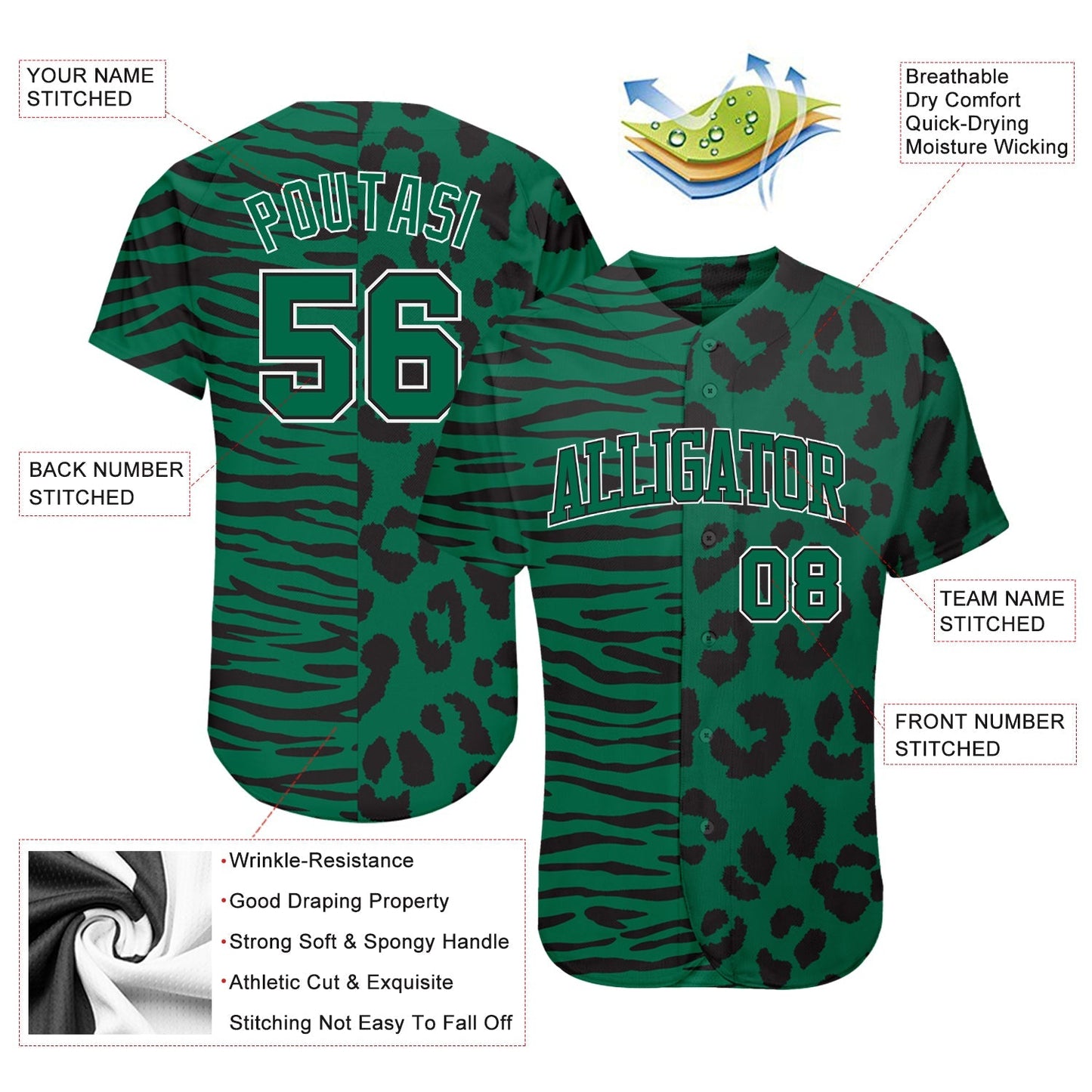 Custom 3D Pattern Design Leopard Skin Zebra Stripe Authentic Baseball Jersey baseball jersey product view 3