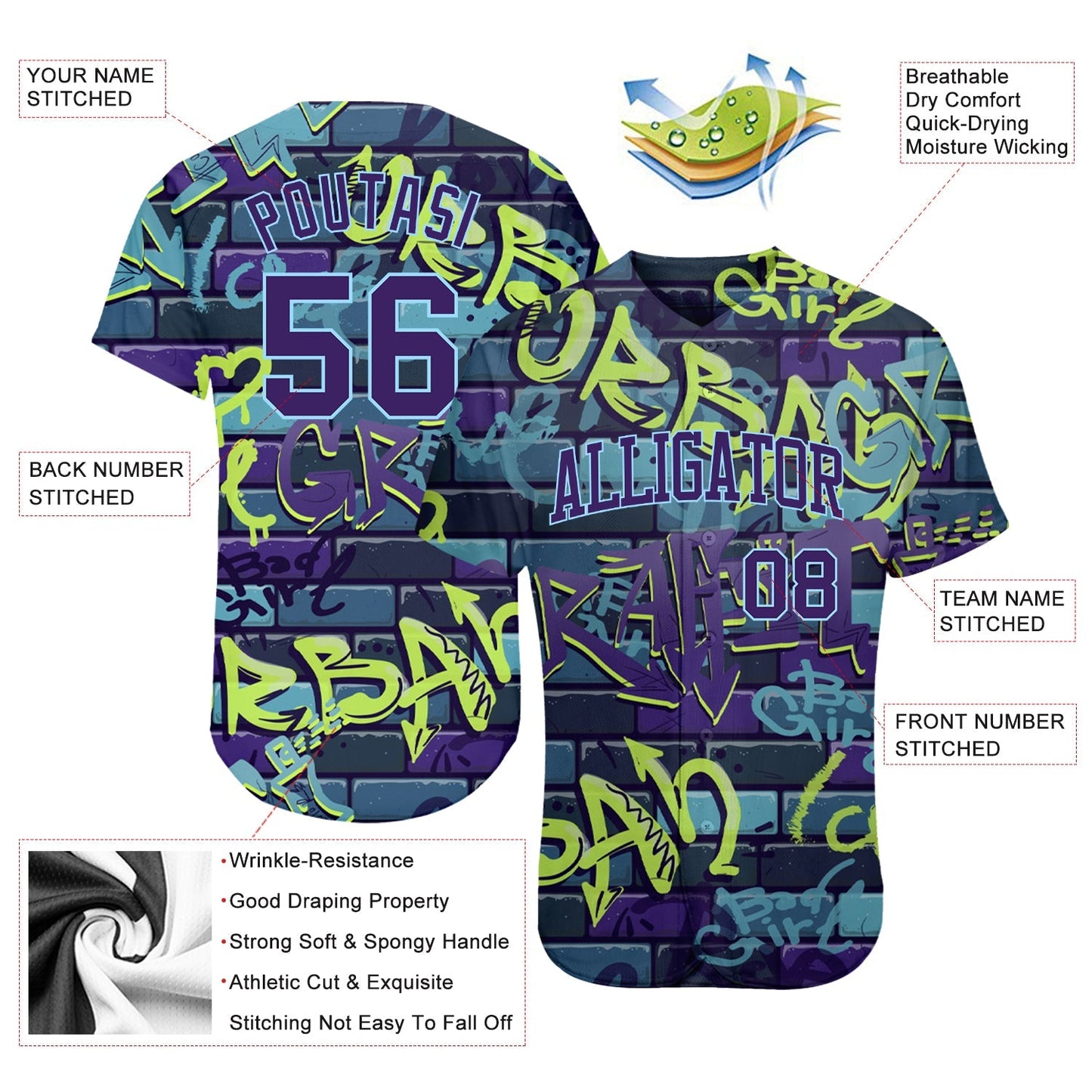 Custom 3D Pattern Design Abstract Graffiti Authentic Baseball Jersey baseball jersey product view 3