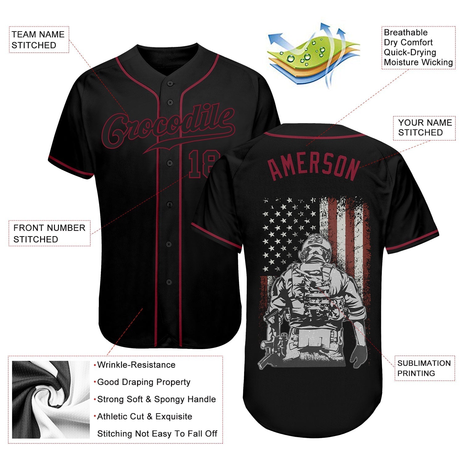 Custom 3D Pattern Design American Soldier Battlefield Authentic Baseball Jersey baseball jersey product view 3