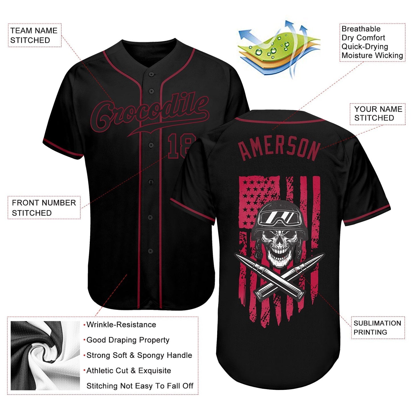 Custom 3D Pattern Design Soldier Skull On American Flag Authentic Baseball Jersey baseball jersey product view 3