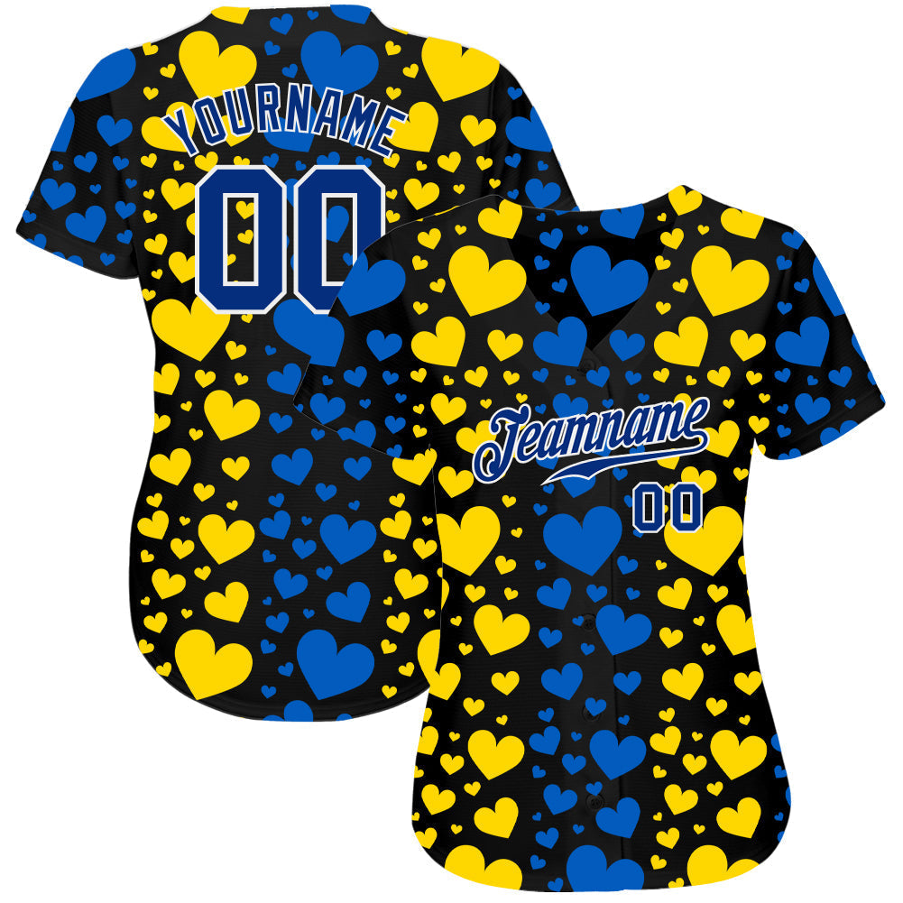 Custom 3D Pattern Design Hearts Painted In The Colors Of The Ukrainian Flag Authentic Baseball Jersey baseball jersey product view 2