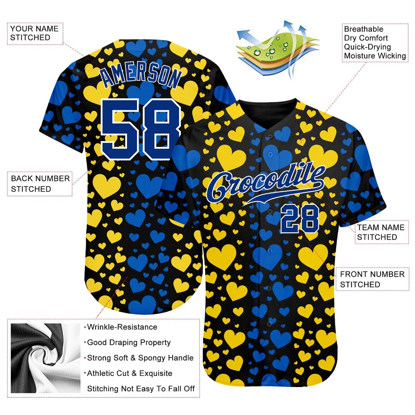 Custom 3D Pattern Design Hearts Painted In The Colors Of The Ukrainian Flag Authentic Baseball Jersey baseball jersey product view 3