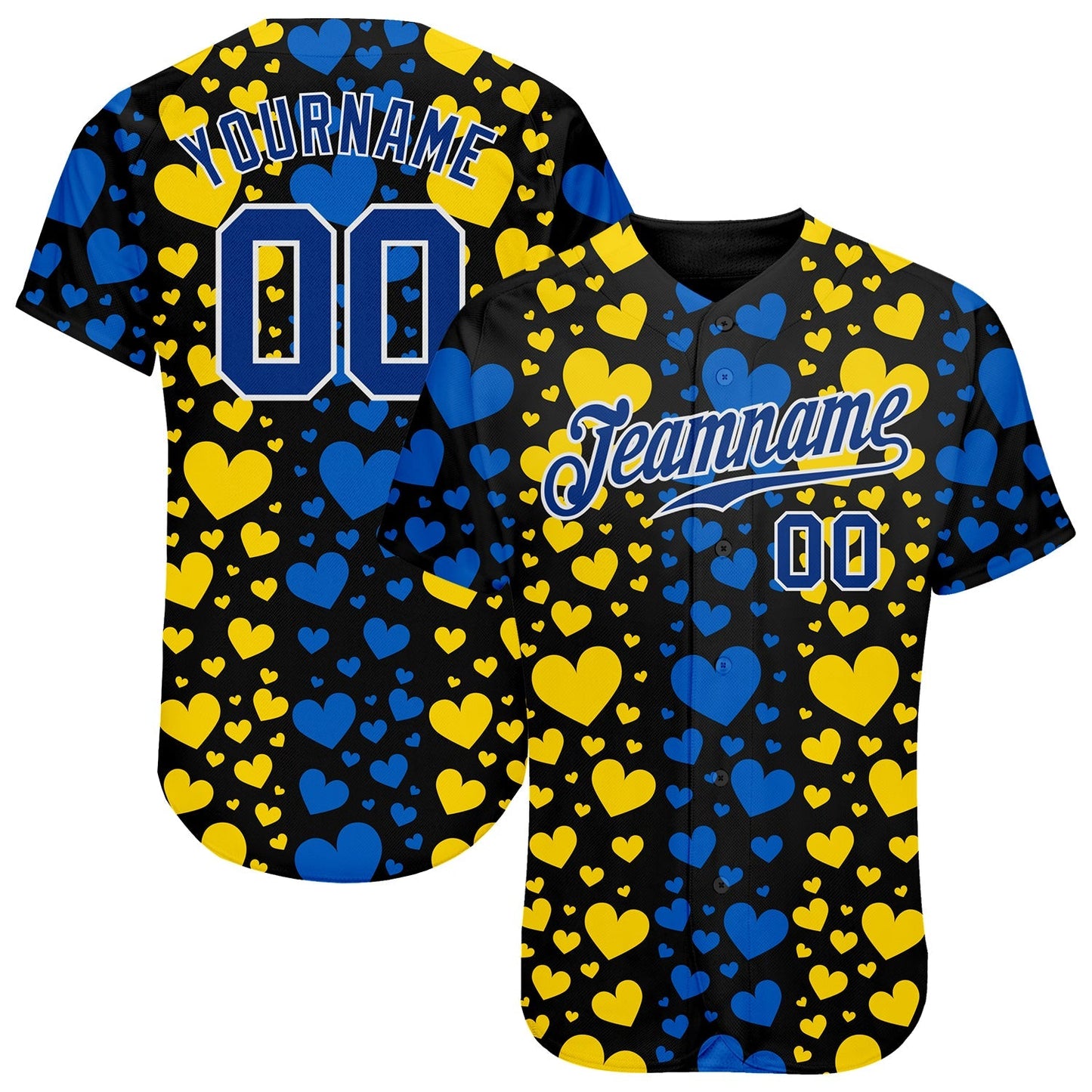 Custom 3D Pattern Design Hearts Painted In The Colors Of The Ukrainian Flag Authentic Baseball Jersey baseball jersey product view 1