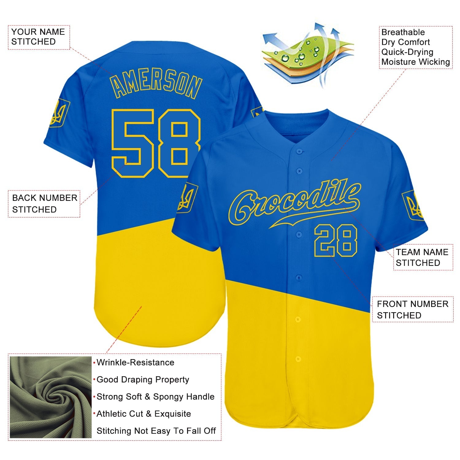 Custom 3D Pattern Design Ukrainian Flag And Coat Of Arms Of Ukraine Authentic Baseball Jersey baseball jersey product view 3