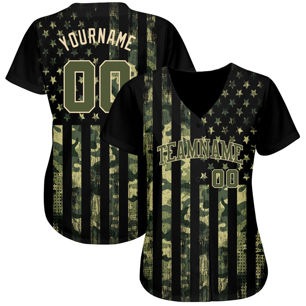 Custom Camo Olive-Cream 3D American Flag Authentic Salute To Service Baseball Jersey baseball jersey product view 2