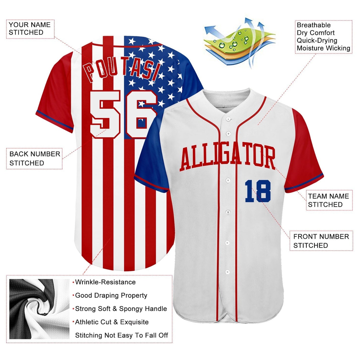 Custom White White-Red 3D American Flag Authentic Baseball Jersey baseball jersey product view 3