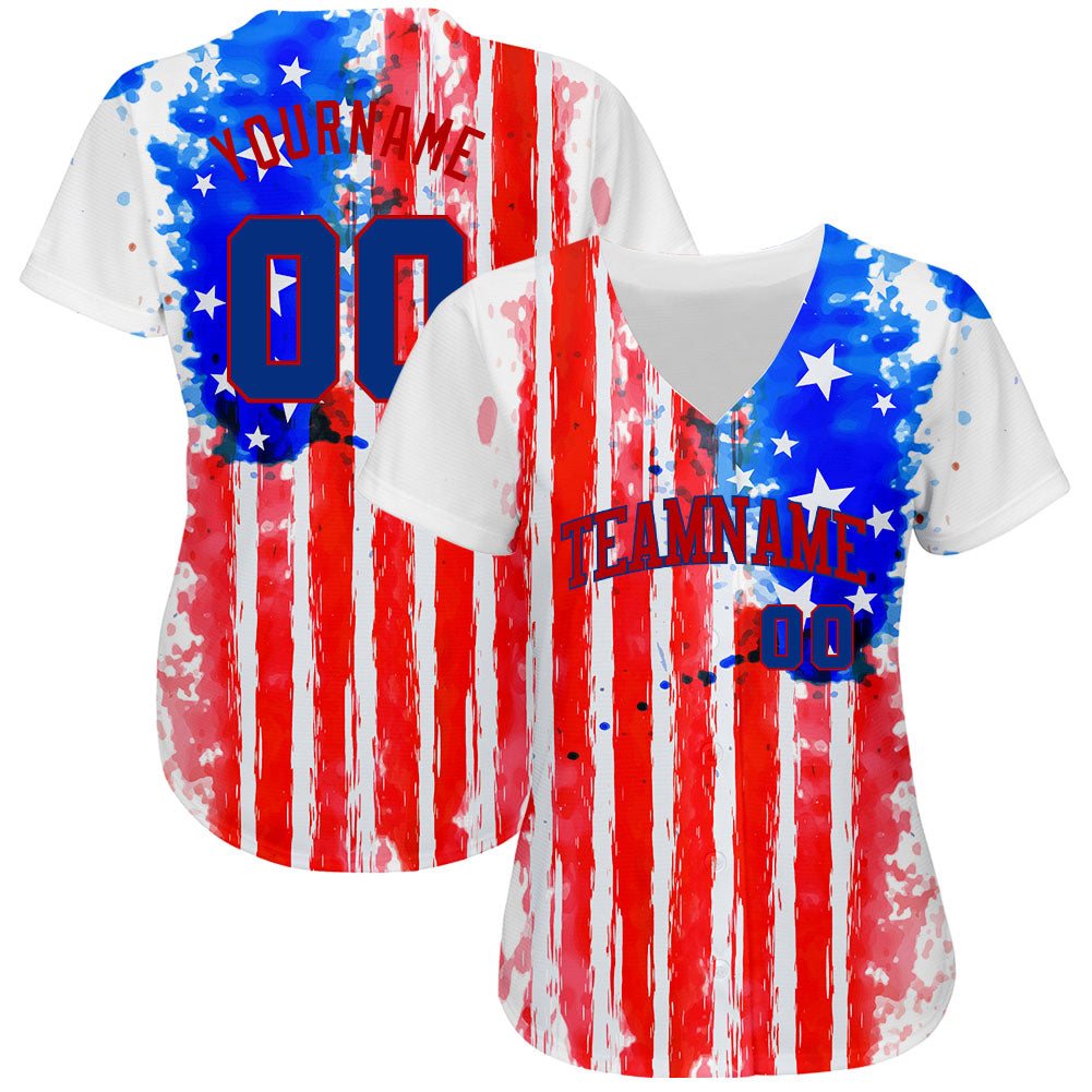 Custom White Royal-Red 3D American Flag Authentic Baseball Jersey baseball jersey product view 2