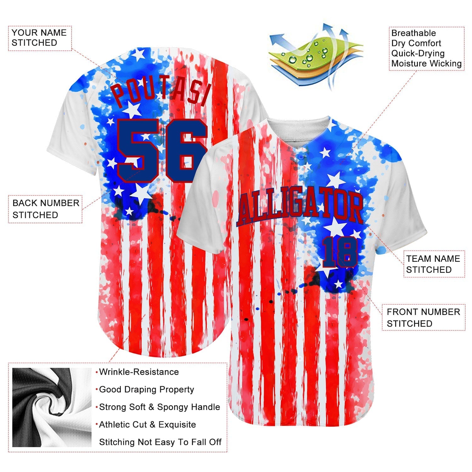 Custom White Royal-Red 3D American Flag Authentic Baseball Jersey baseball jersey product view 3