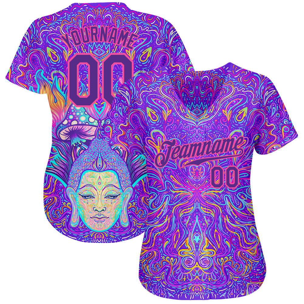 Custom 3D Pattern Design Sitting Buddha Over Colorful Neon Background Psychedelic Mushroom Composition Authentic Baseball Jersey baseball jersey product view 2