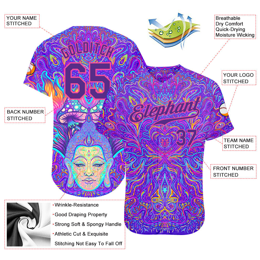 Custom 3D Pattern Design Sitting Buddha Over Colorful Neon Background Psychedelic Mushroom Composition Authentic Baseball Jersey baseball jersey product view 3