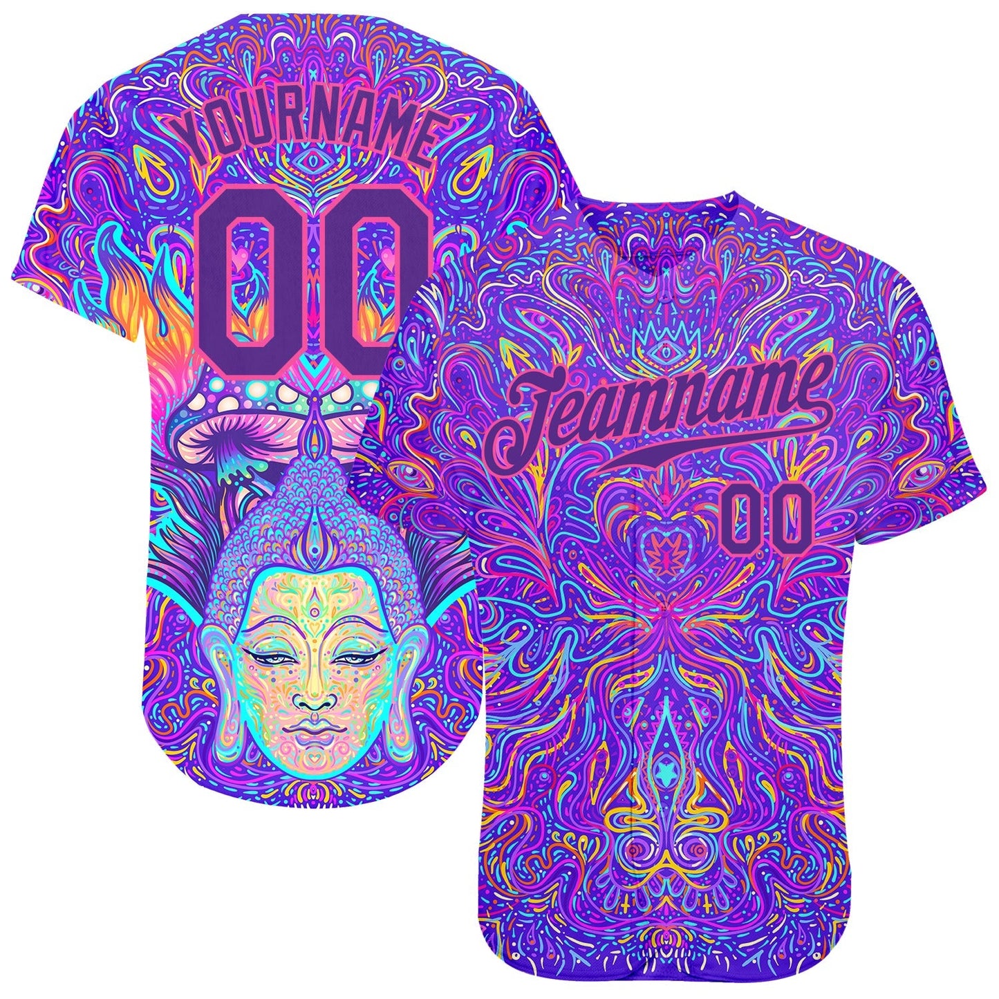 Custom 3D Pattern Design Sitting Buddha Over Colorful Neon Background Psychedelic Mushroom Composition Authentic Baseball Jersey baseball jersey product view 1