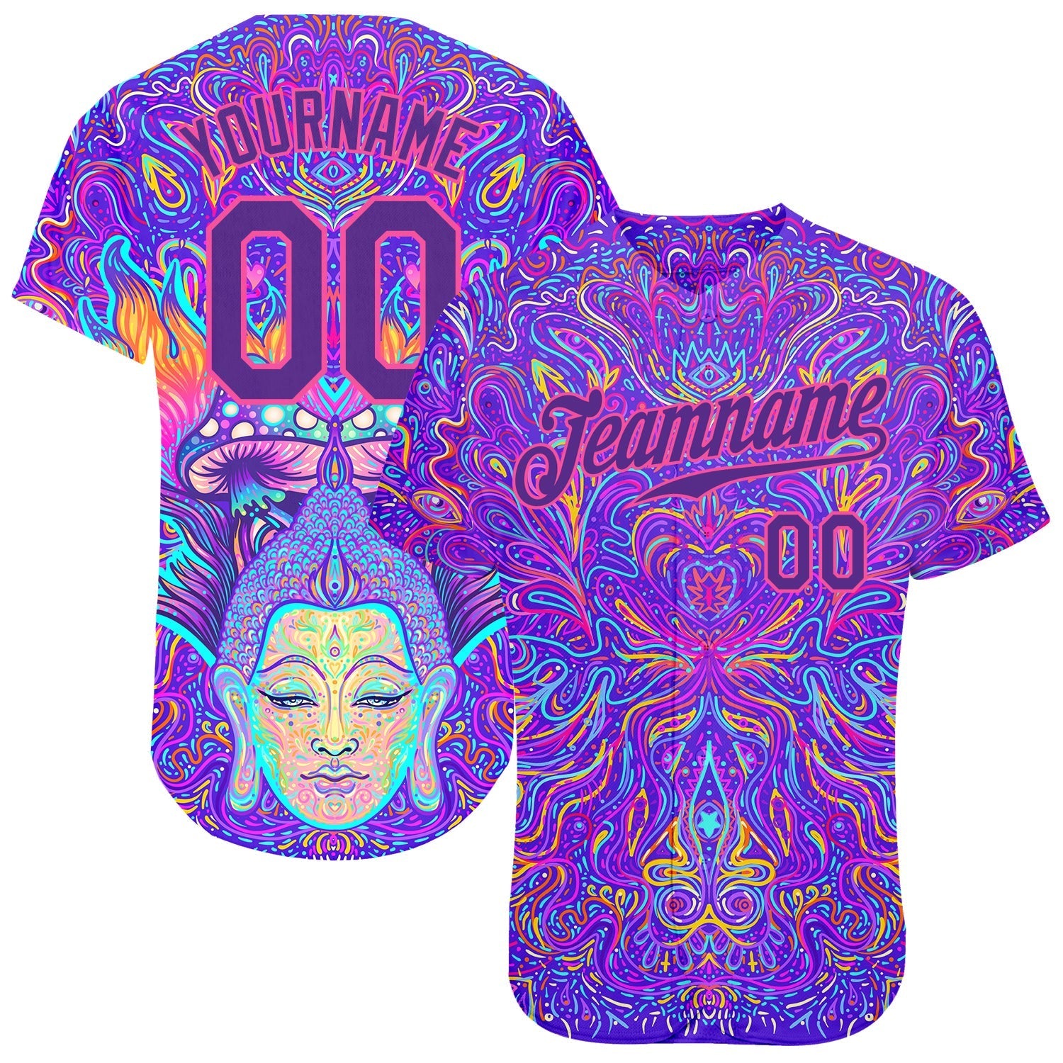 Custom 3D Pattern Design Sitting Buddha Over Colorful Neon Background Psychedelic Mushroom Composition Authentic Baseball Jersey baseball jersey product view 1
