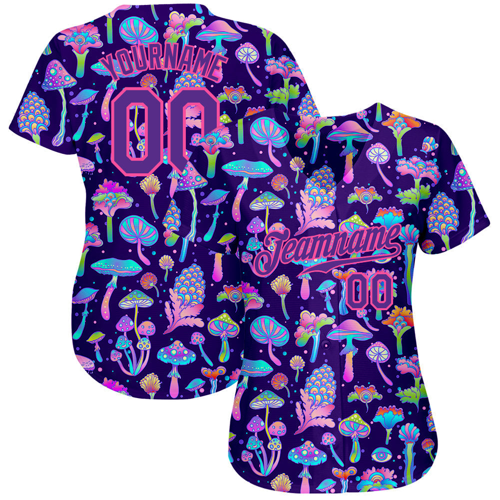 Custom 3D Pattern Design Colorful Flowers And Mushrooms Psychedelic Hallucination Authentic Baseball Jersey baseball jersey product view 2
