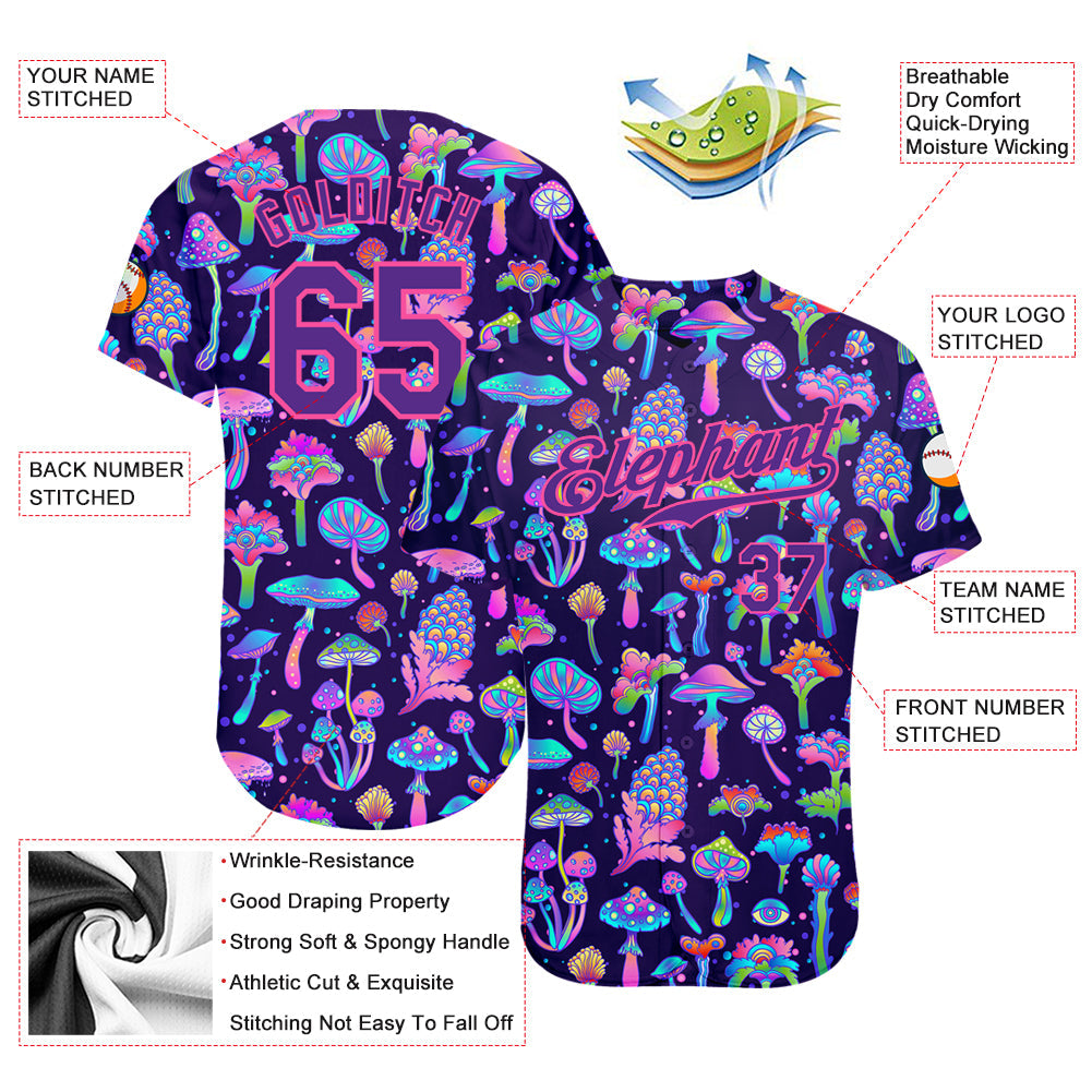 Custom 3D Pattern Design Colorful Flowers And Mushrooms Psychedelic Hallucination Authentic Baseball Jersey baseball jersey product view 3