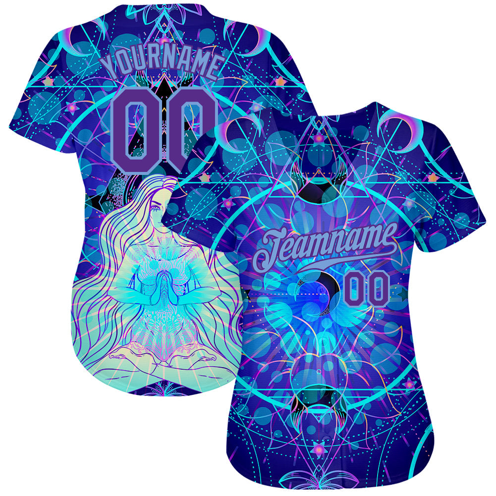 Custom 3D Pattern Design Magic Girl Sitting And Meditation In Lotus Position Over Geometry Psychedelic Hallucination Authentic Baseball Jersey baseball jersey product view 2