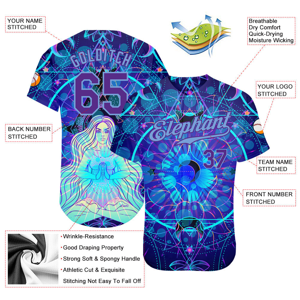 Custom 3D Pattern Design Magic Girl Sitting And Meditation In Lotus Position Over Geometry Psychedelic Hallucination Authentic Baseball Jersey baseball jersey product view 3