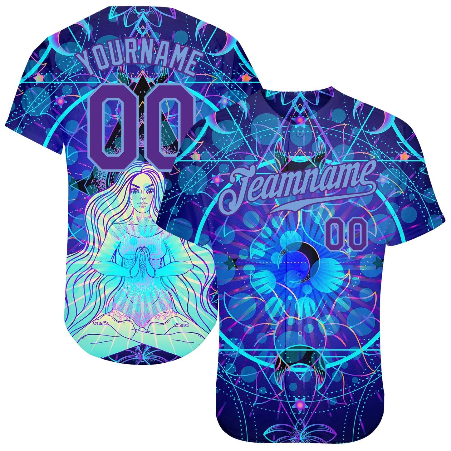 Custom 3D Pattern Design Magic Girl Sitting And Meditation In Lotus Position Over Geometry Psychedelic Hallucination Authentic Baseball Jersey baseball jersey product view 1