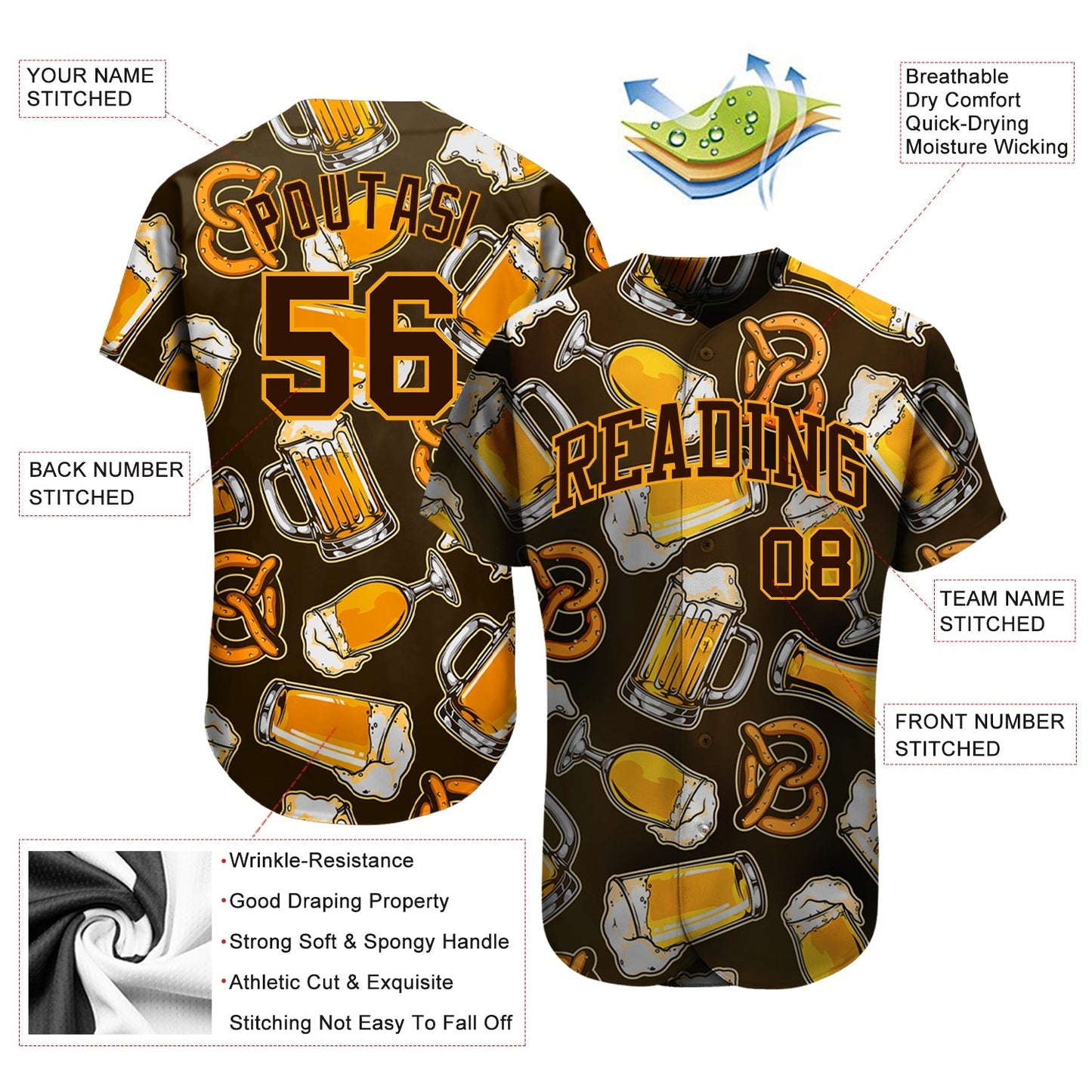 Custom 3D Pattern Design Beer Authentic Baseball Jersey baseball jersey product view 3