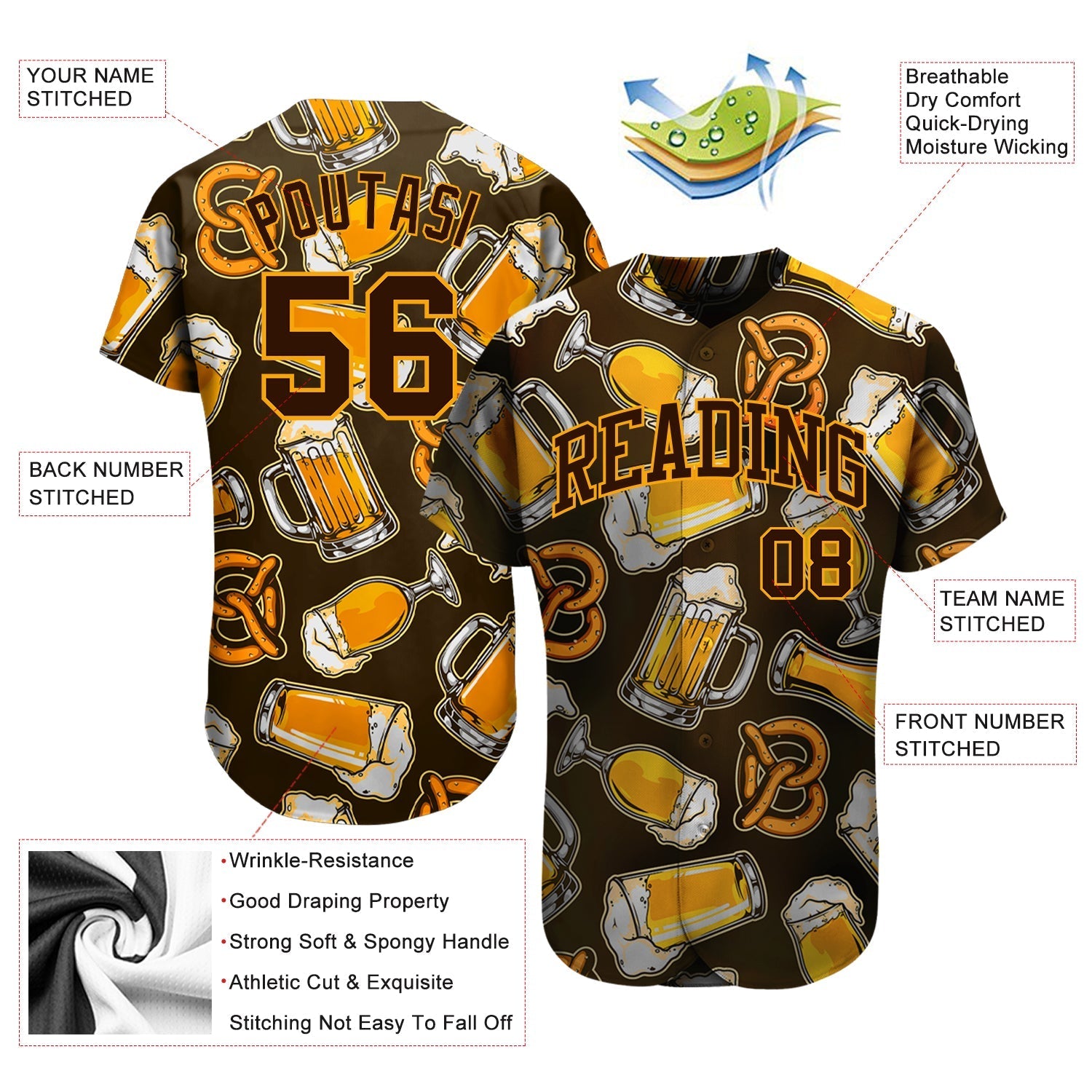 Custom 3D Pattern Design Beer Authentic Baseball Jersey baseball jersey product view 3