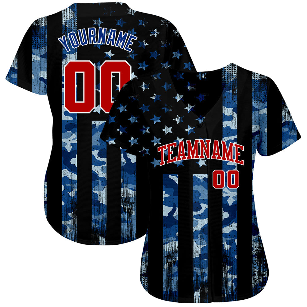 Custom Camo Royal Red-White 3D Salute To Service American Flag Authentic Baseball Jersey baseball jersey product view 2