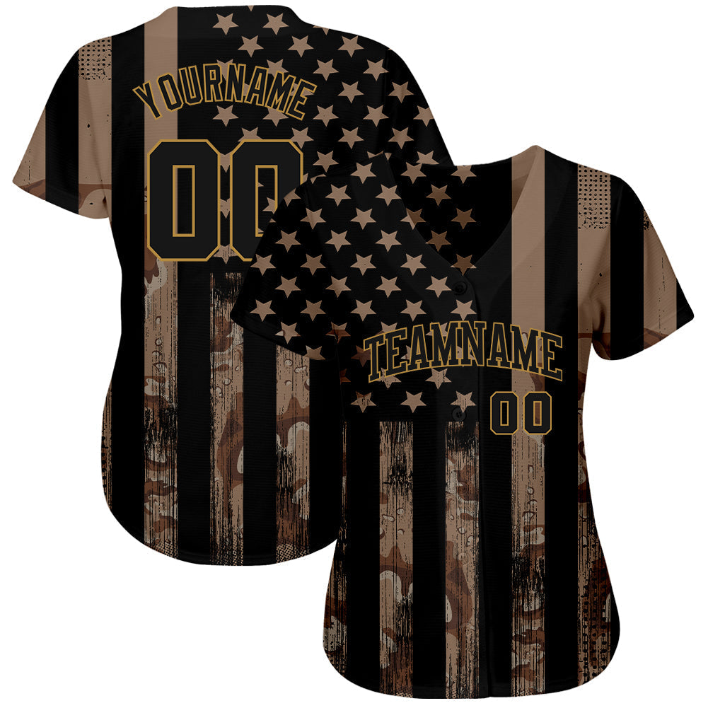 Custom Camo Black-Old Gold 3D Salute To Service American Flag Authentic Baseball Jersey baseball jersey product view 3