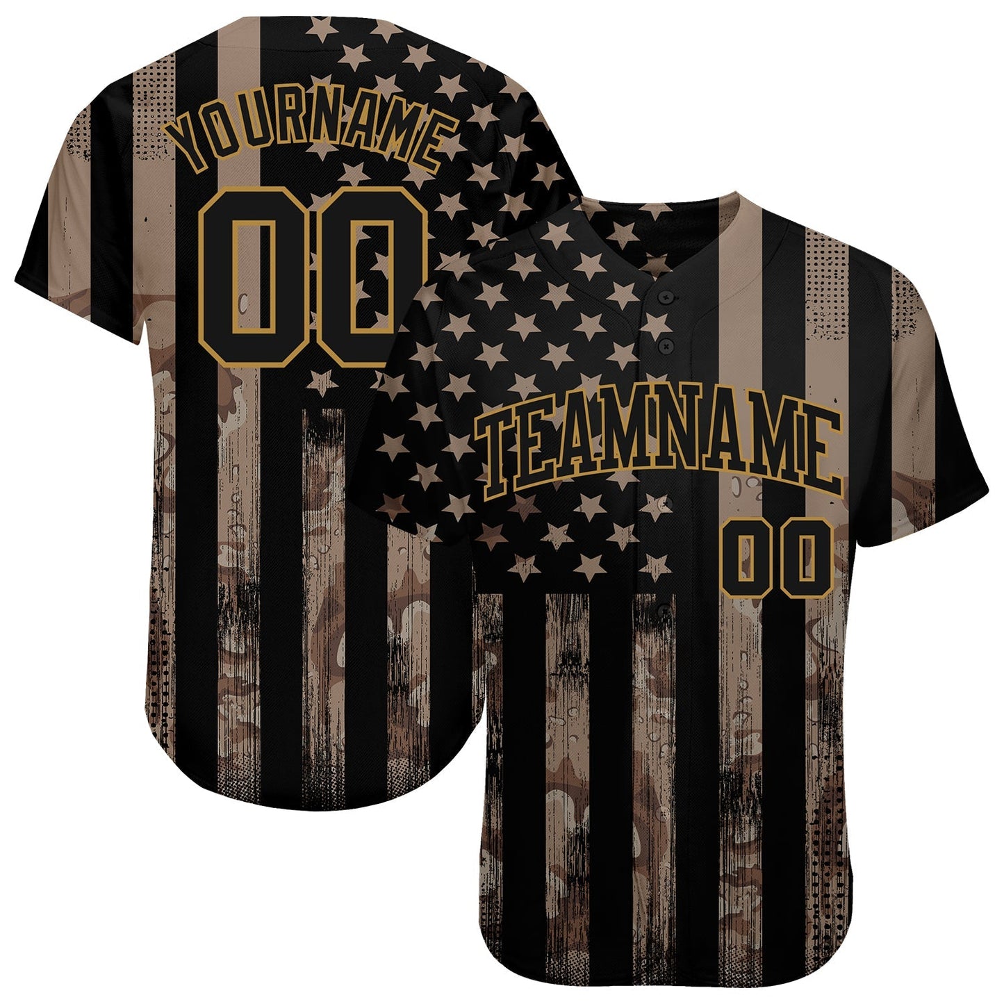 Custom Camo Black-Old Gold 3D Salute To Service American Flag Authentic Baseball Jersey baseball jersey product view 1