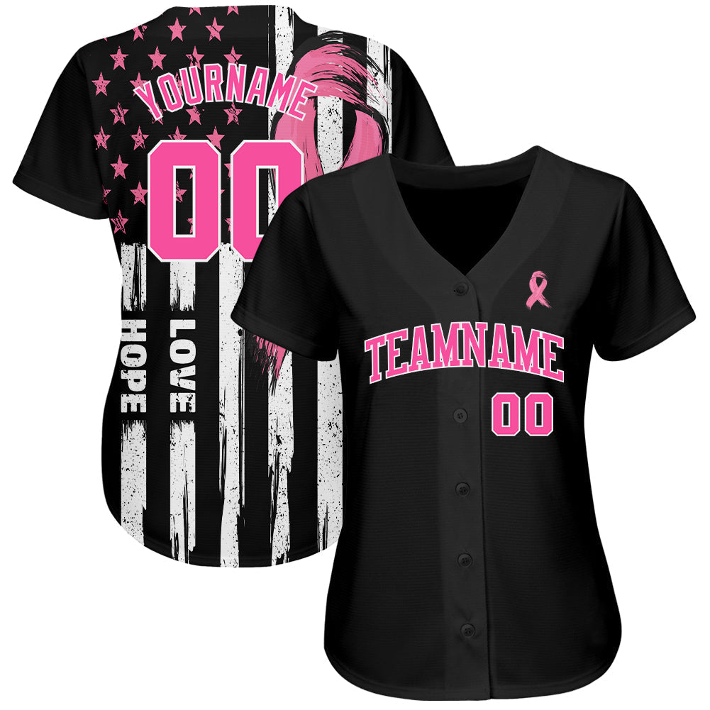 Custom 3D American Flag With Pink Ribbon Breast Cancer Awareness Month Women Health Care Support Authentic Baseball Jersey baseball jersey product view 2