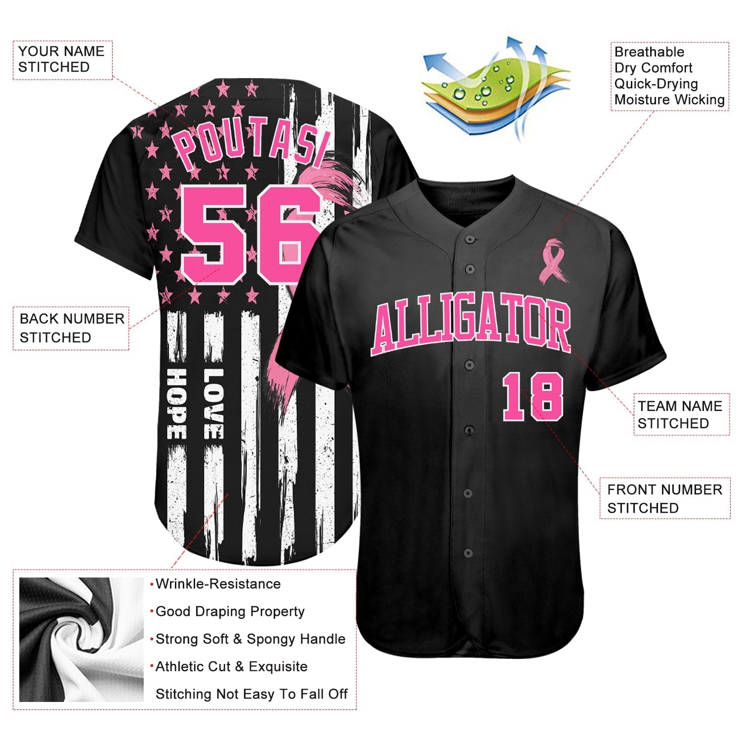 Custom 3D American Flag With Pink Ribbon Breast Cancer Awareness Month Women Health Care Support Authentic Baseball Jersey baseball jersey product view 3