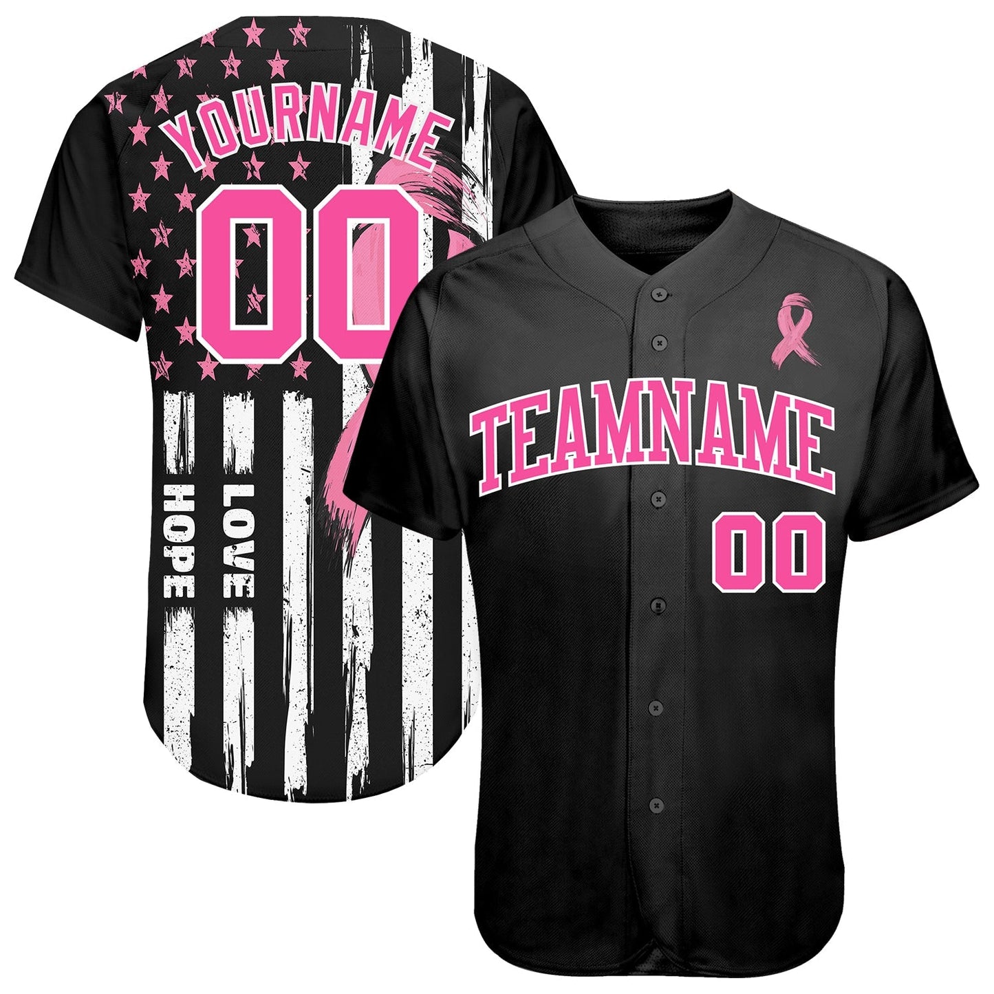 Custom 3D American Flag With Pink Ribbon Breast Cancer Awareness Month Women Health Care Support Authentic Baseball Jersey baseball jersey product view 1
