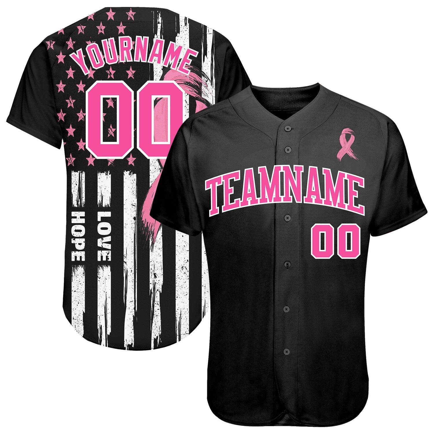 Custom 3D American Flag With Pink Ribbon Breast Cancer Awareness Month Women Health Care Support Authentic Baseball Jersey baseball jersey product view 1